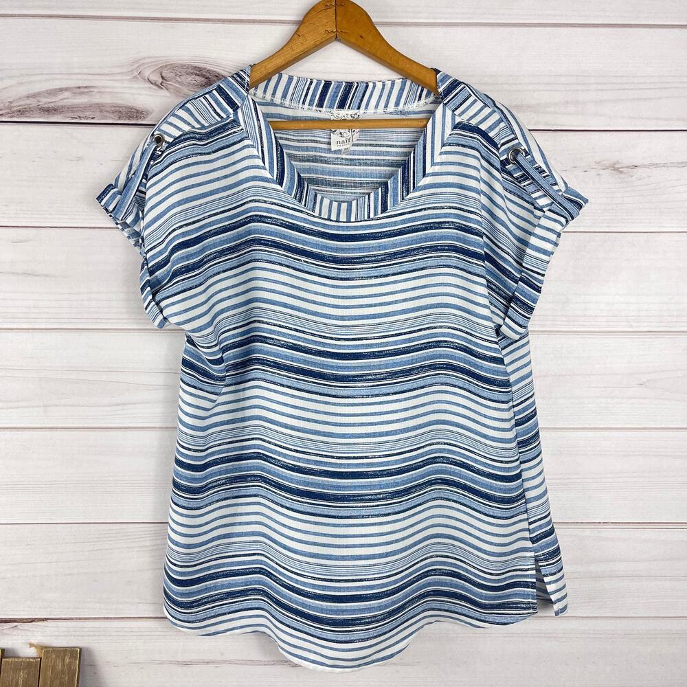 NAIF Petite‎ Top Women PS Blue White Stripe Lightweight Cuff Blouse